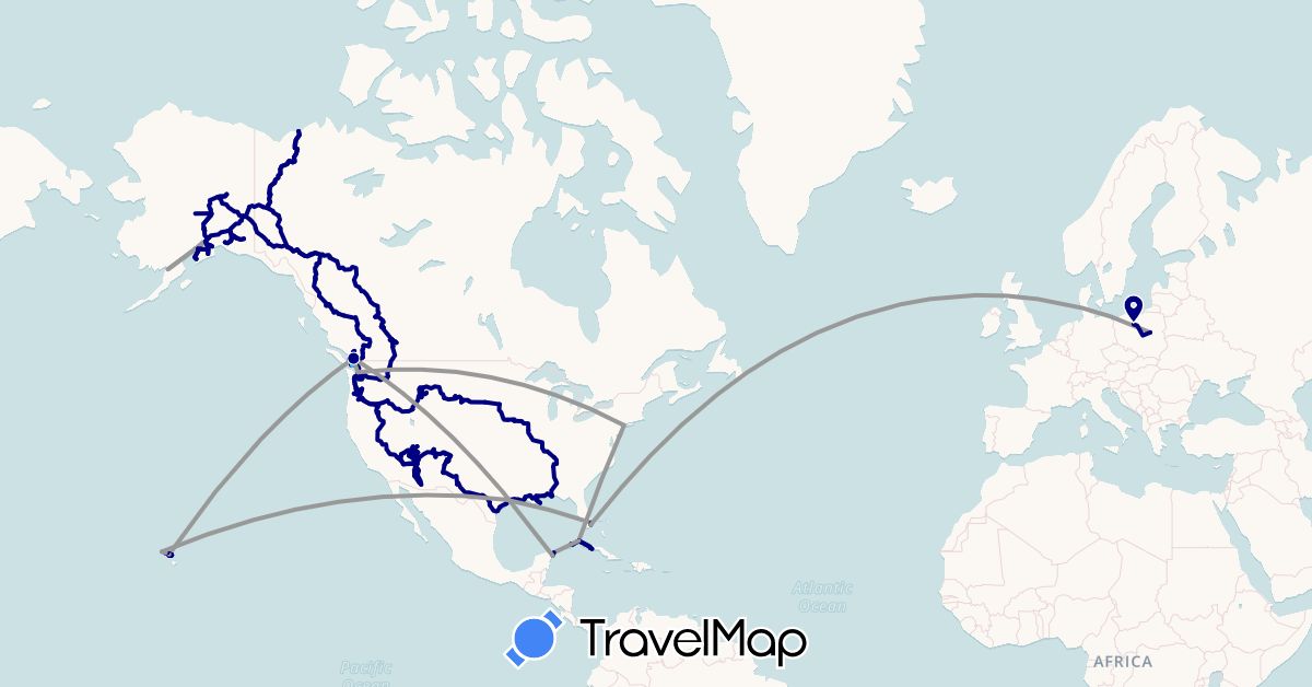 TravelMap itinerary: driving, plane, boat in Canada, Cuba, Mexico, Poland, United States (Europe, North America)
